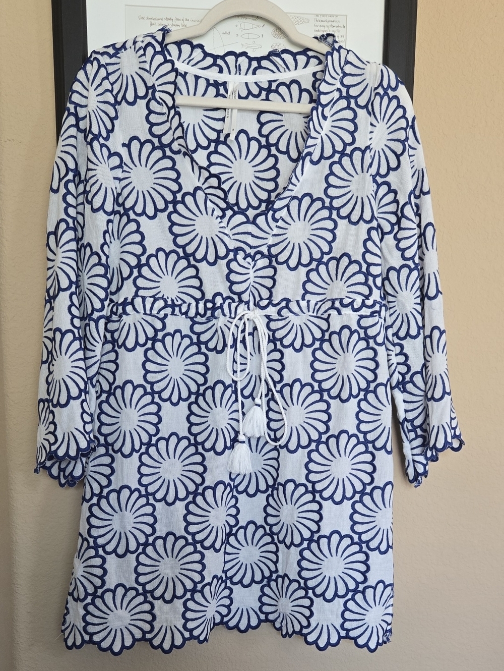 Anthropologie Scallop-Edge Dress / Coverup Embroidered Blue Floral EUC - XS